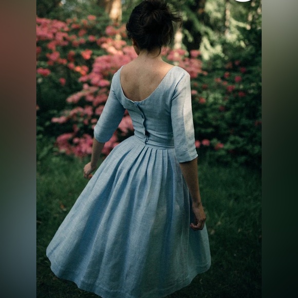 MRSPOMERANZ Custom-made handmade pure linen fit flare light blue dress - Picture 14 of 15